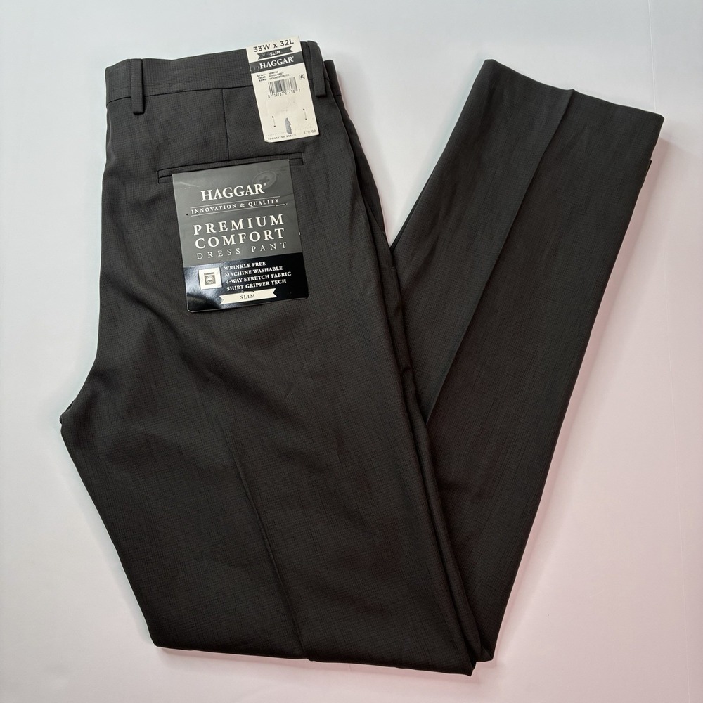 Haggar Premium Comfort Dress Pants Men's Size 33x32 Gray Slim Fit Stretch NEW